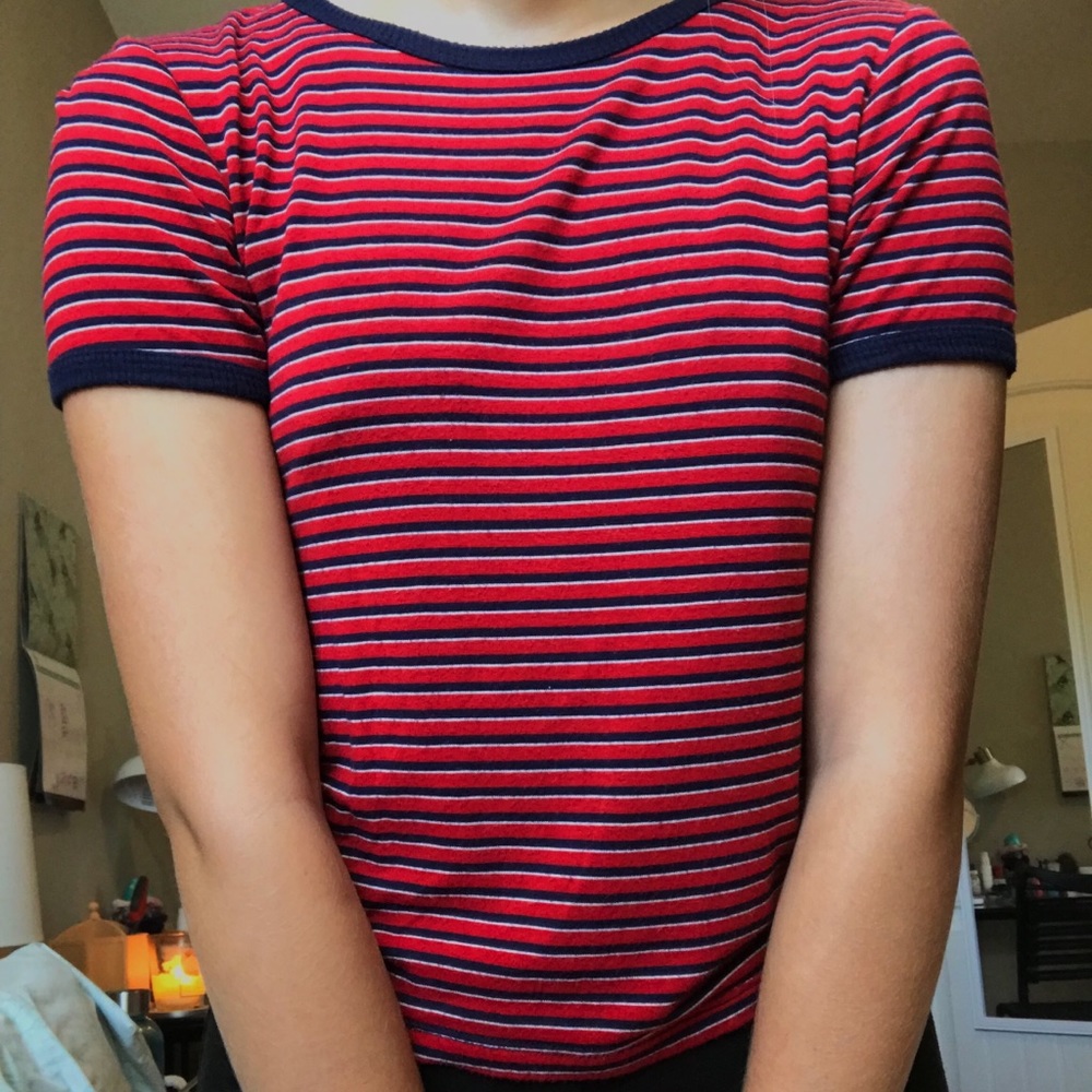 Blue and red striped short-sleeve shirt